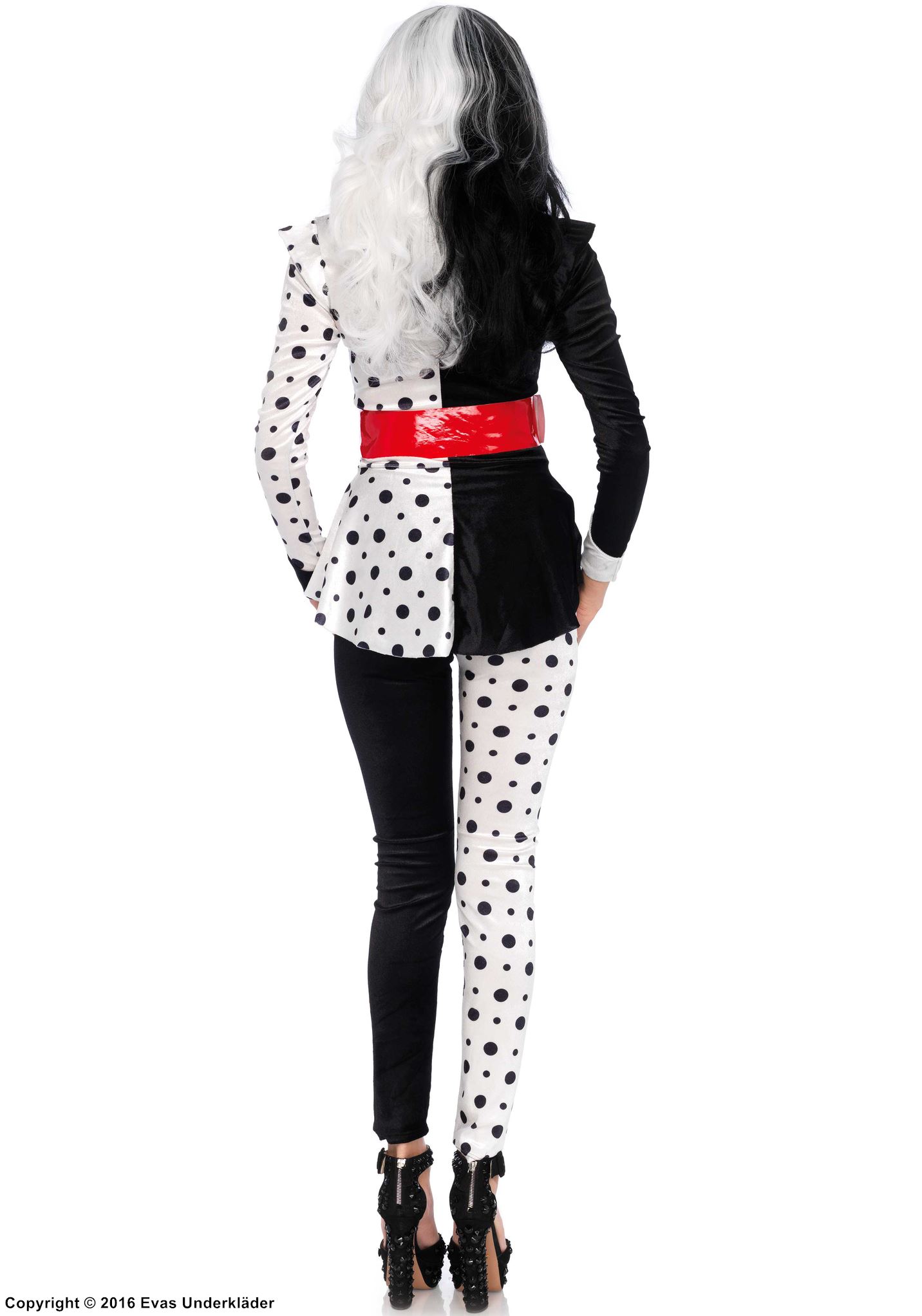 Cruella de Vil, maskeraddräkt med topp och byxor, fuskpäls, polka dot